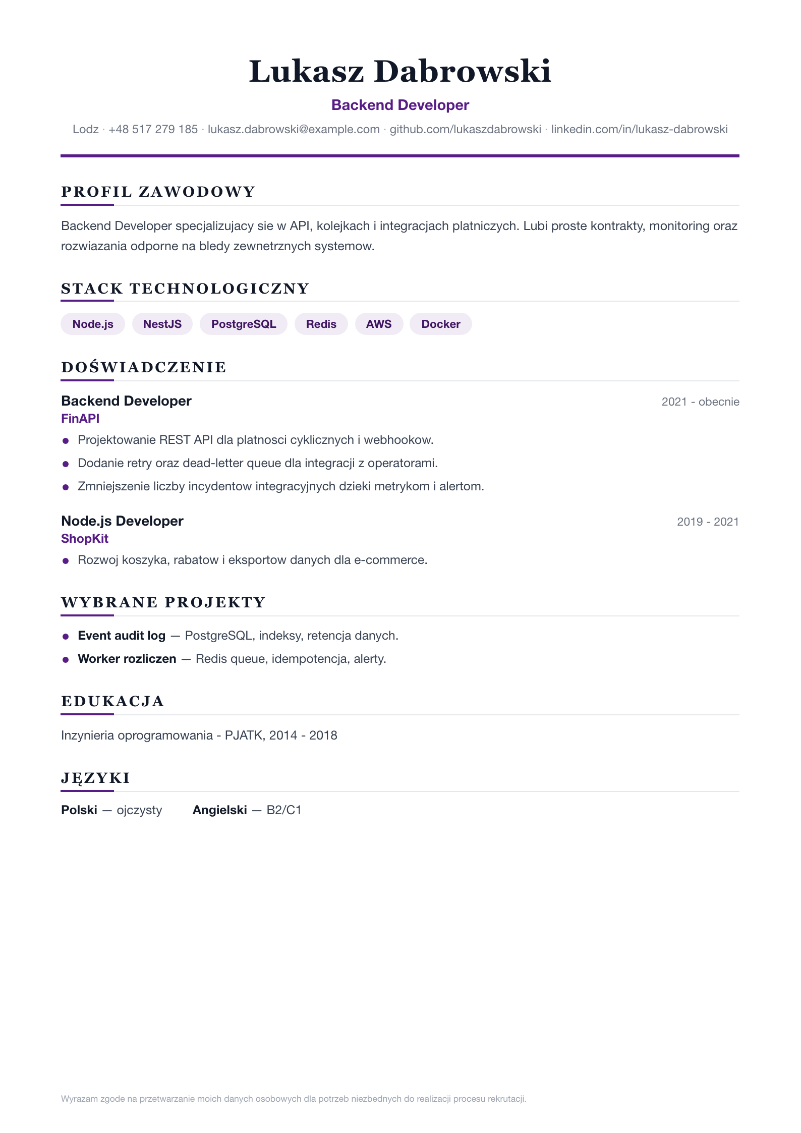 Podgląd wzoru Backend Developer Clean