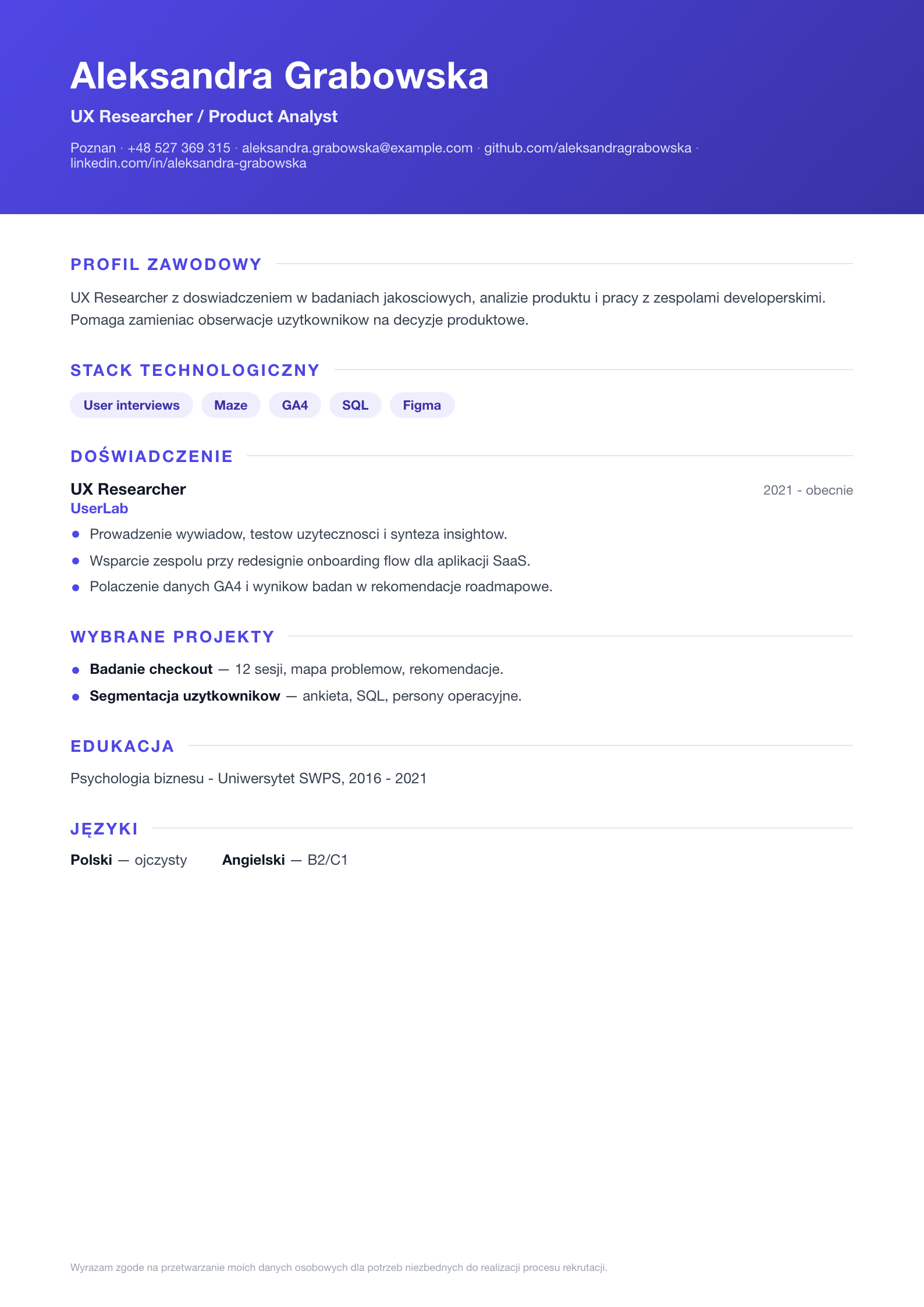 Podgląd wzoru CV PDF Gotowe