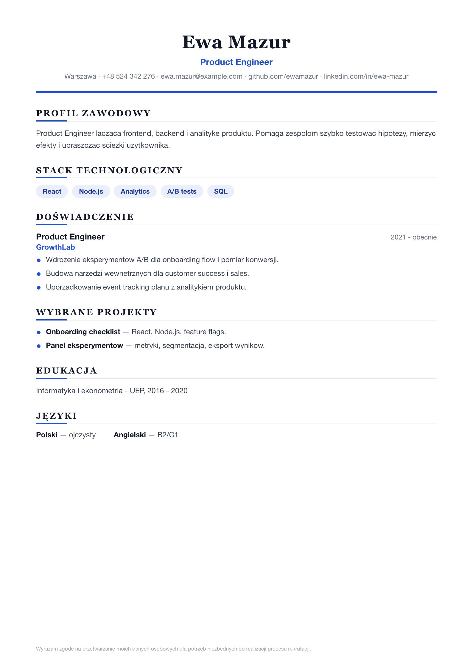 Podgląd wzoru CV Word Edytowalne