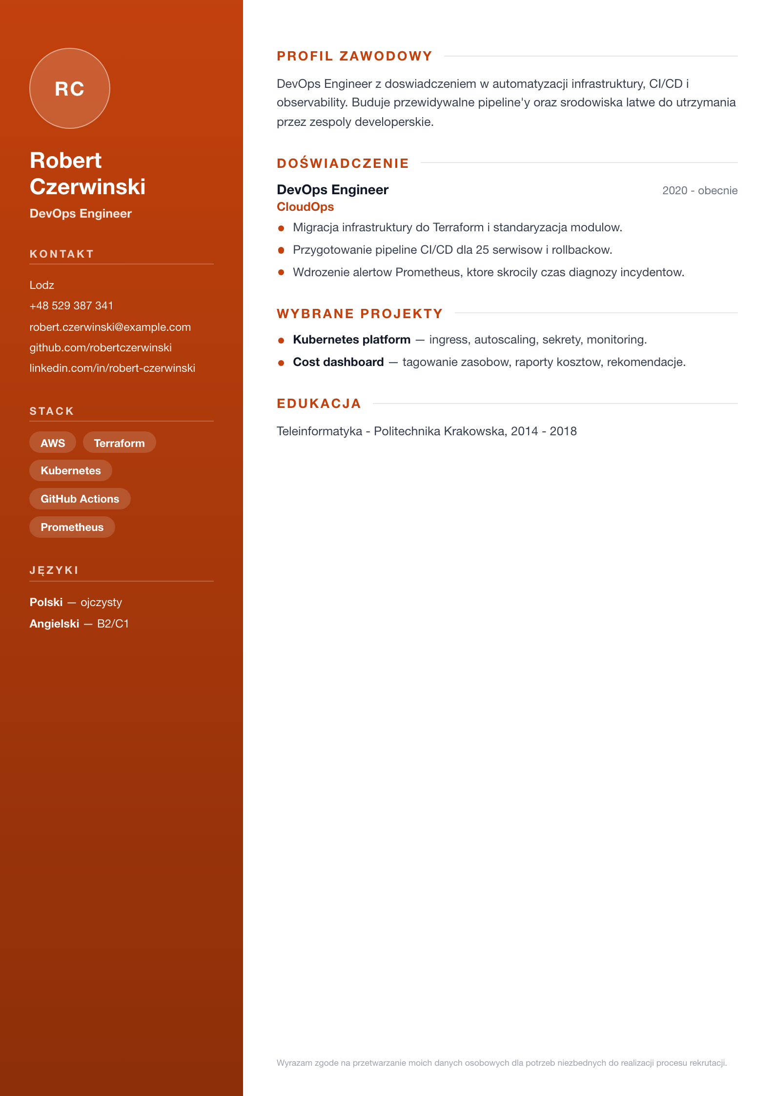 Podgląd wzoru DevOps / Cloud CV