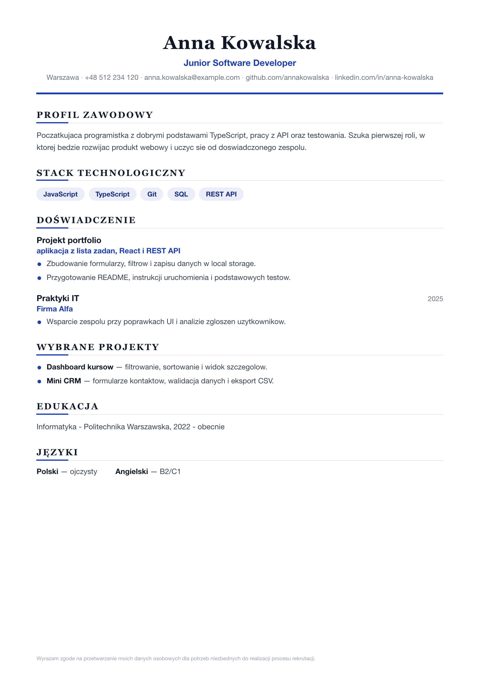 Podgląd wzoru Puste CV Start
