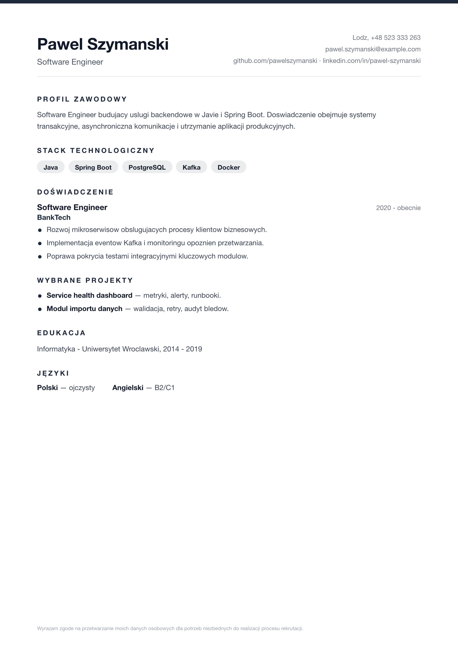 Podgląd wzoru Software Engineer ATS